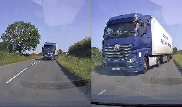 Moment i frikshëm/Kamioni udhëtonte në anën e gabuar, shmang përplasjen me makinën (VIDEO)