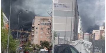 Zjarr në një pallat në Tiranë, shtëllungat e tymit mbulojnë Bulevardin e Ri