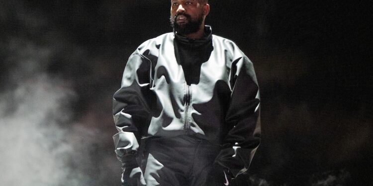 INGLEWOOD, CALIFORNIA - MARCH 14: Rapper Kanye West performs onstage during the "Vultures 1" playback concert during Rolling Loud 2024 at Hollywood Park Grounds on March 14, 2024 in Inglewood, California. (Photo by Scott Dudelson/Getty Images)
